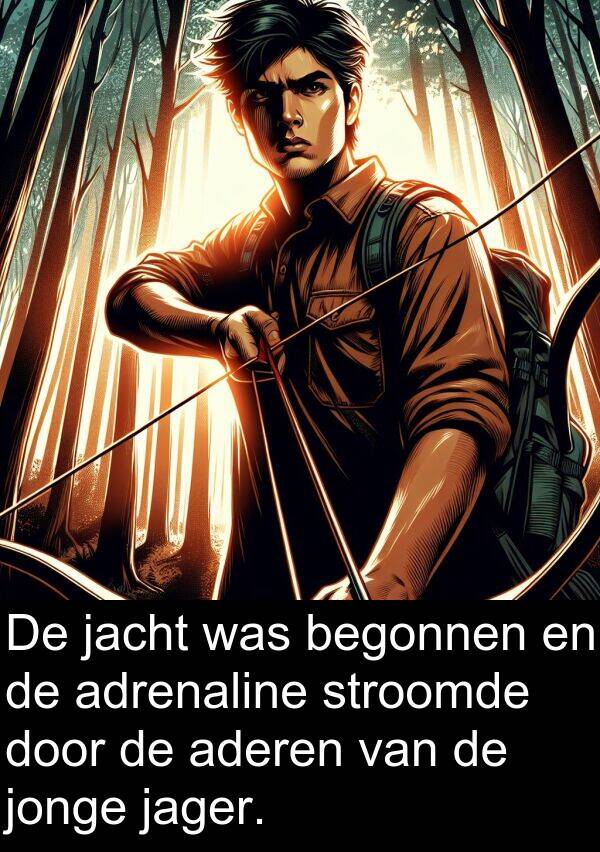 jacht: De jacht was begonnen en de adrenaline stroomde door de aderen van de jonge jager.