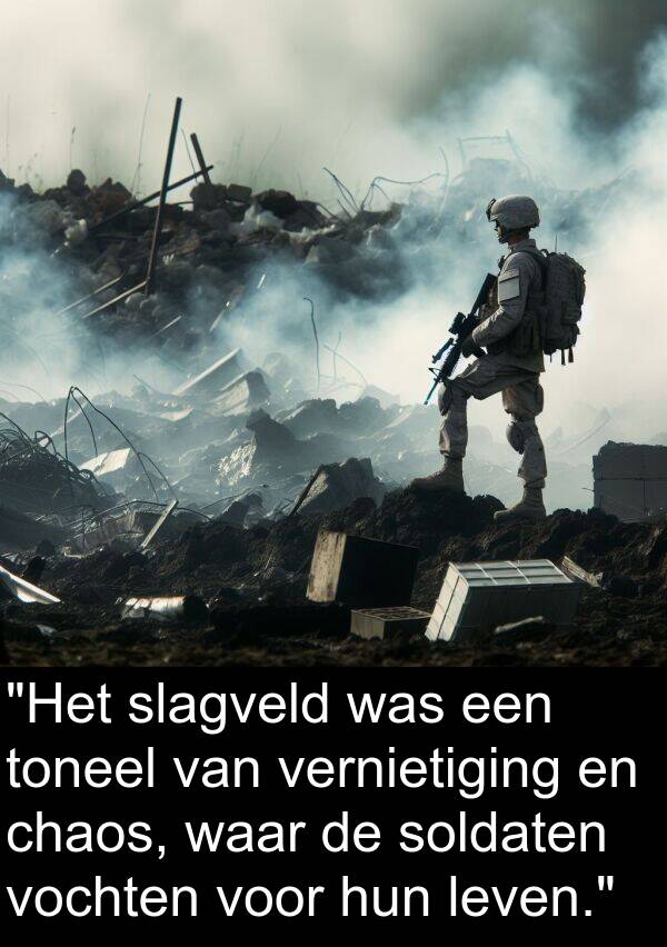 vernietiging: "Het slagveld was een toneel van vernietiging en chaos, waar de soldaten vochten voor hun leven."