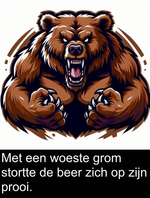 grom: Met een woeste grom stortte de beer zich op zijn prooi.