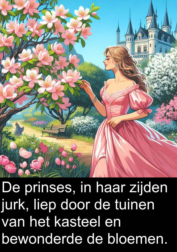 kasteel: De prinses, in haar zijden jurk, liep door de tuinen van het kasteel en bewonderde de bloemen.