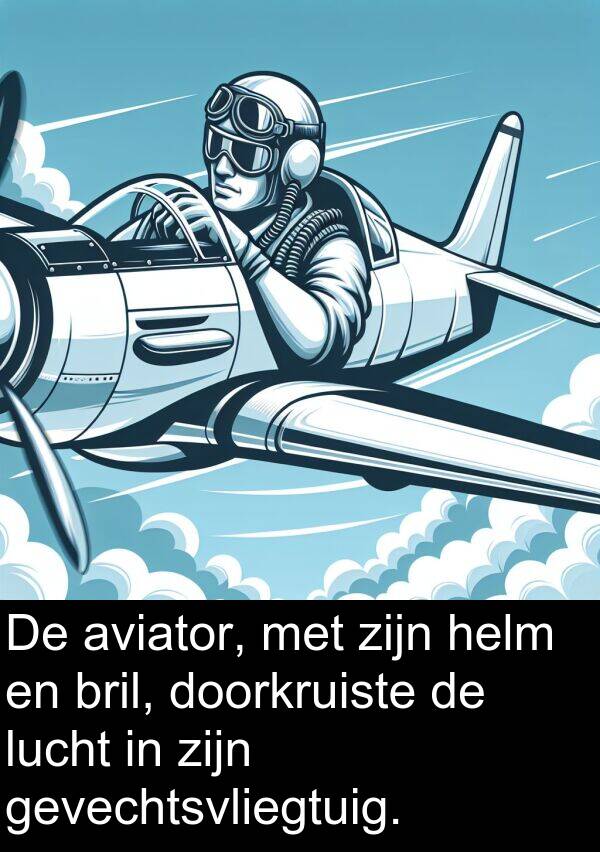 gevechtsvliegtuig: De aviator, met zijn helm en bril, doorkruiste de lucht in zijn gevechtsvliegtuig.