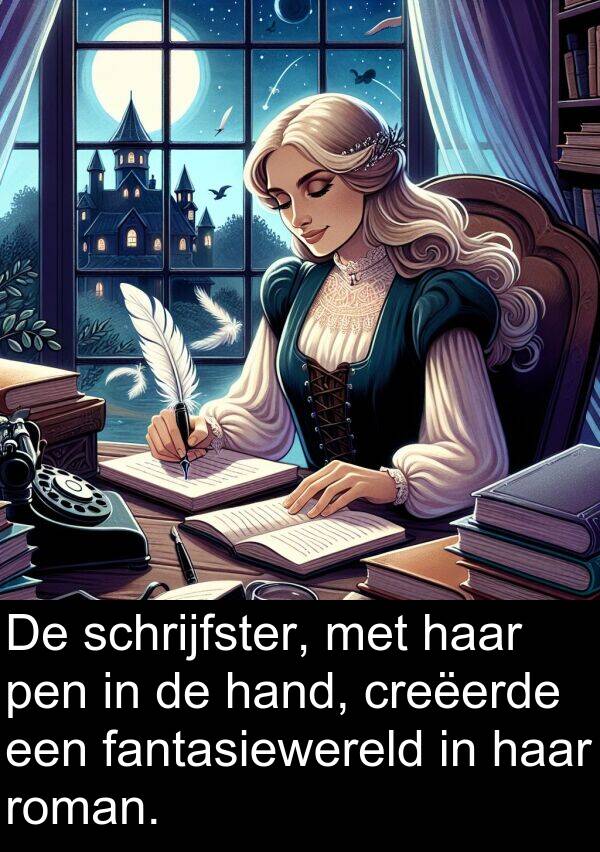 fantasiewereld: De schrijfster, met haar pen in de hand, creëerde een fantasiewereld in haar roman.