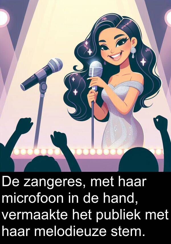 zangeres: De zangeres, met haar microfoon in de hand, vermaakte het publiek met haar melodieuze stem.