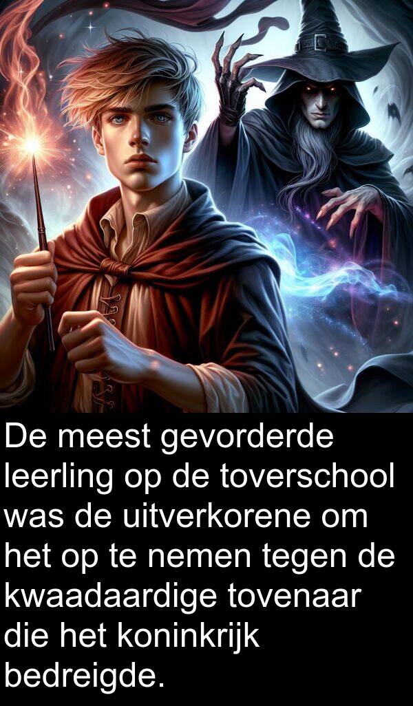 gevorderde: De meest gevorderde leerling op de toverschool was de uitverkorene om het op te nemen tegen de kwaadaardige tovenaar die het koninkrijk bedreigde.