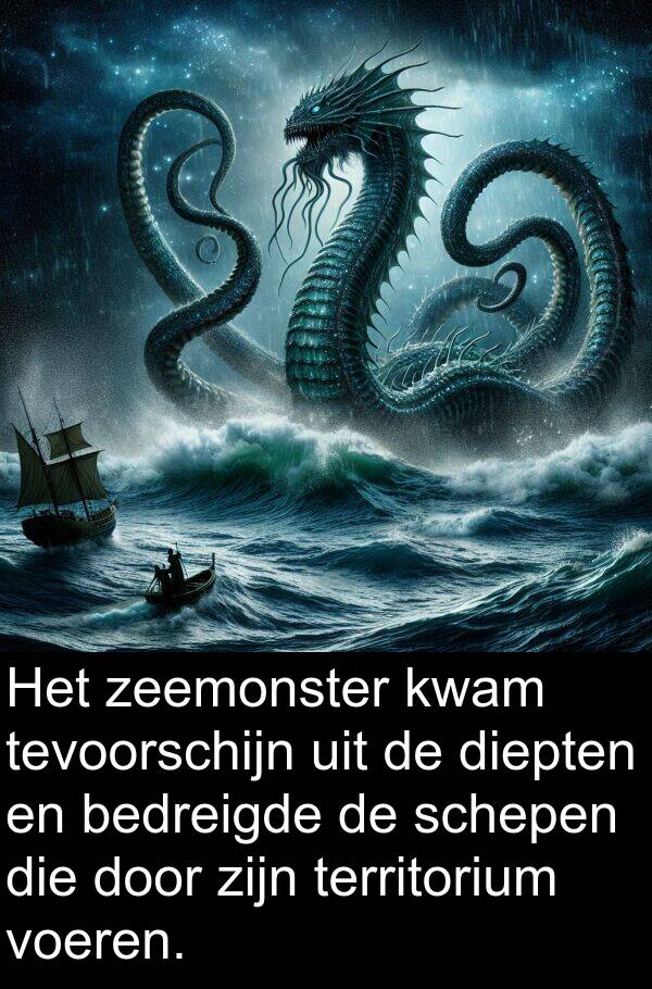 voeren: Het zeemonster kwam tevoorschijn uit de diepten en bedreigde de schepen die door zijn territorium voeren.