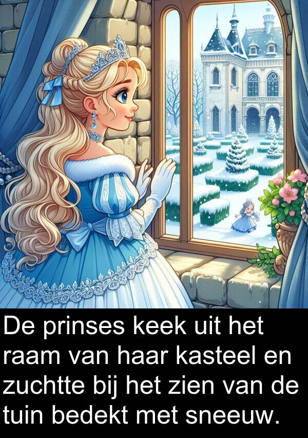 kasteel: De prinses keek uit het raam van haar kasteel en zuchtte bij het zien van de tuin bedekt met sneeuw.