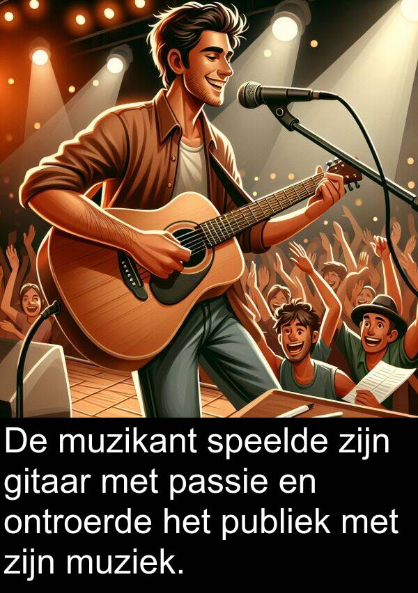 gitaar: De muzikant speelde zijn gitaar met passie en ontroerde het publiek met zijn muziek.