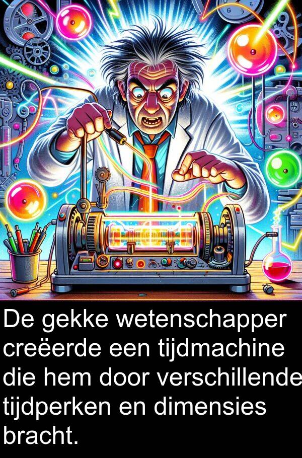 dimensies: De gekke wetenschapper creëerde een tijdmachine die hem door verschillende tijdperken en dimensies bracht.