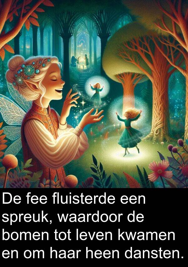 fee: De fee fluisterde een spreuk, waardoor de bomen tot leven kwamen en om haar heen dansten.