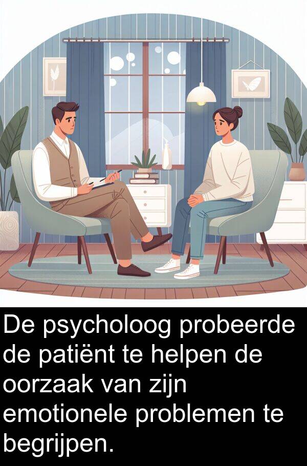 problemen: De psycholoog probeerde de patiënt te helpen de oorzaak van zijn emotionele problemen te begrijpen.
