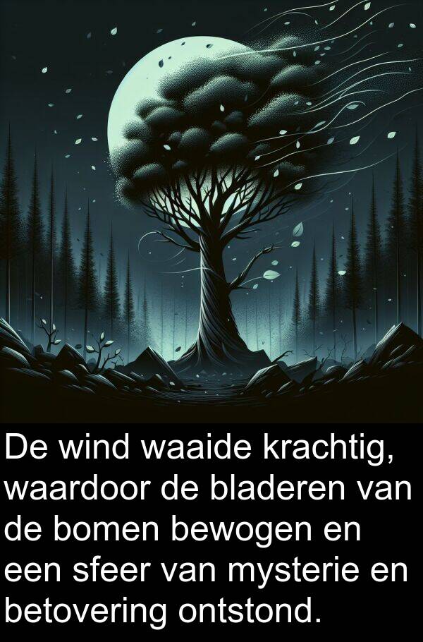 bewogen: De wind waaide krachtig, waardoor de bladeren van de bomen bewogen en een sfeer van mysterie en betovering ontstond.