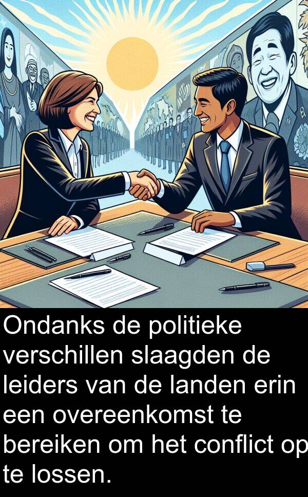 slaagden: Ondanks de politieke verschillen slaagden de leiders van de landen erin een overeenkomst te bereiken om het conflict op te lossen.