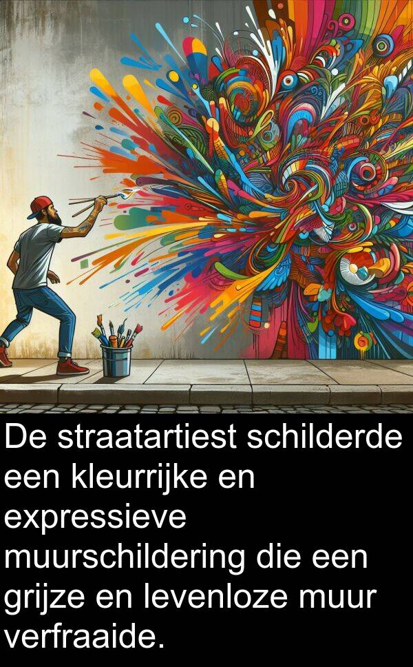 grijze: De straatartiest schilderde een kleurrijke en expressieve muurschildering die een grijze en levenloze muur verfraaide.
