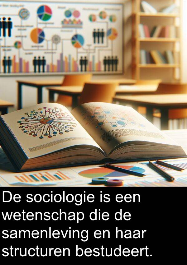 bestudeert: De sociologie is een wetenschap die de samenleving en haar structuren bestudeert.