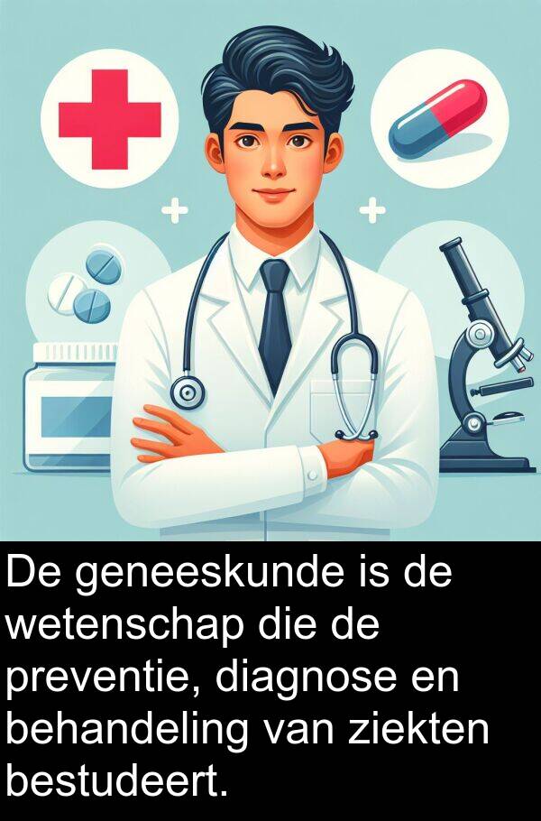 behandeling: De geneeskunde is de wetenschap die de preventie, diagnose en behandeling van ziekten bestudeert.