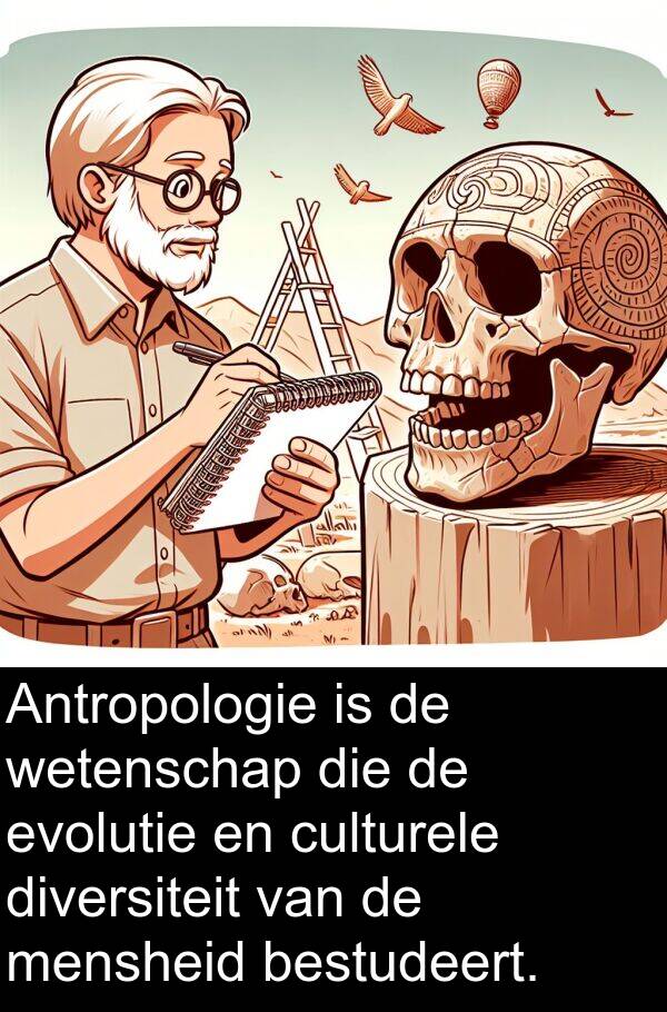 bestudeert: Antropologie is de wetenschap die de evolutie en culturele diversiteit van de mensheid bestudeert.