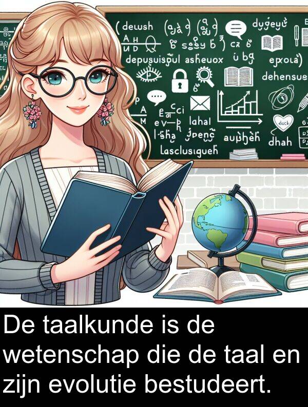 bestudeert: De taalkunde is de wetenschap die de taal en zijn evolutie bestudeert.