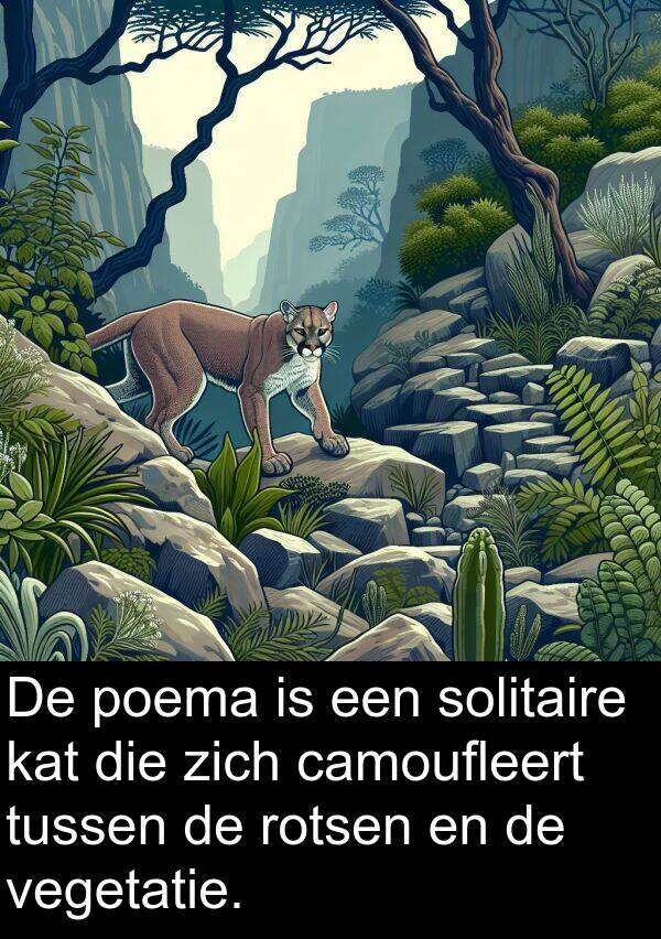 solitaire: De poema is een solitaire kat die zich camoufleert tussen de rotsen en de vegetatie.