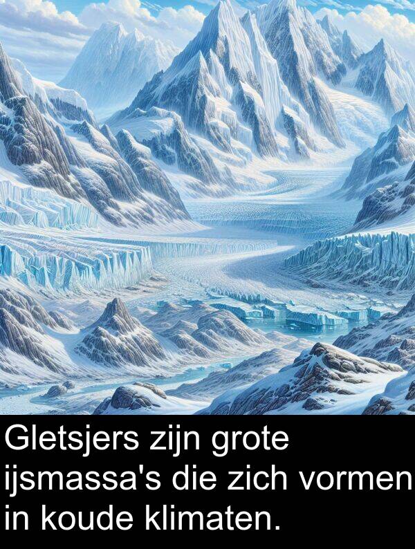 koude: Gletsjers zijn grote ijsmassa's die zich vormen in koude klimaten.