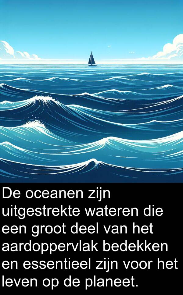 groot: De oceanen zijn uitgestrekte wateren die een groot deel van het aardoppervlak bedekken en essentieel zijn voor het leven op de planeet.