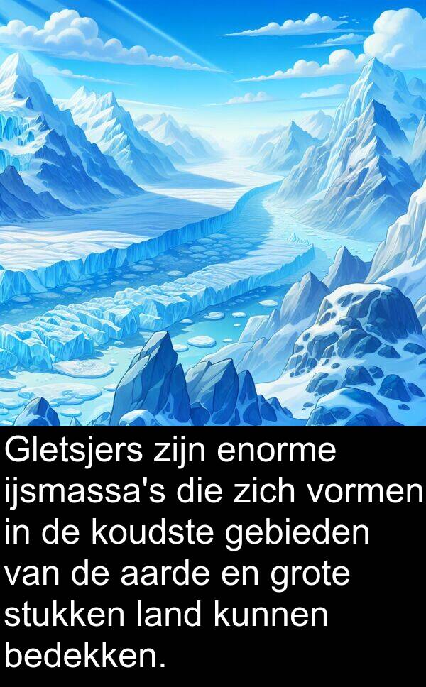 stukken: Gletsjers zijn enorme ijsmassa's die zich vormen in de koudste gebieden van de aarde en grote stukken land kunnen bedekken.
