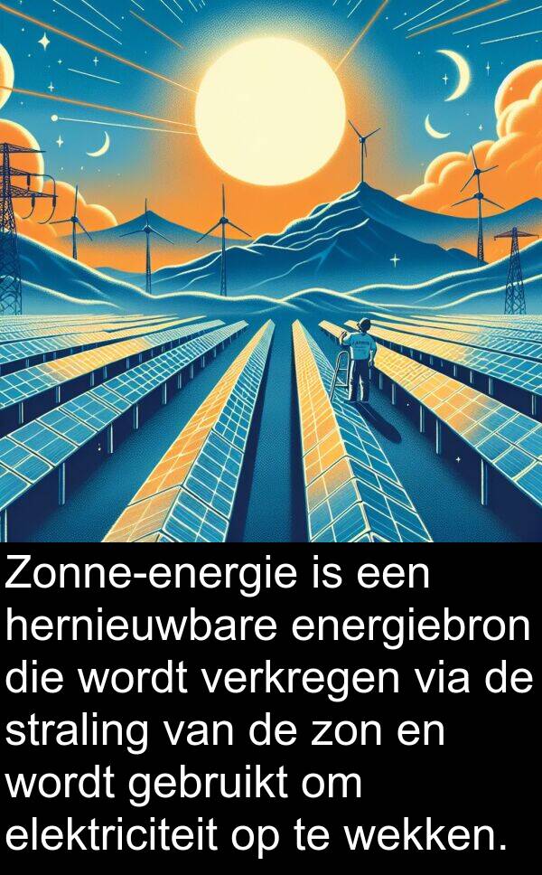 verkregen: Zonne-energie is een hernieuwbare energiebron die wordt verkregen via de straling van de zon en wordt gebruikt om elektriciteit op te wekken.