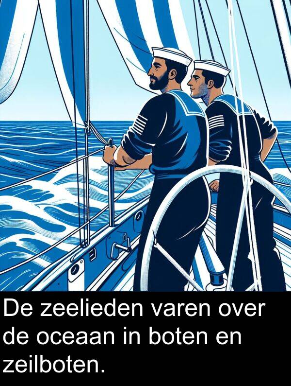 over: De zeelieden varen over de oceaan in boten en zeilboten.
