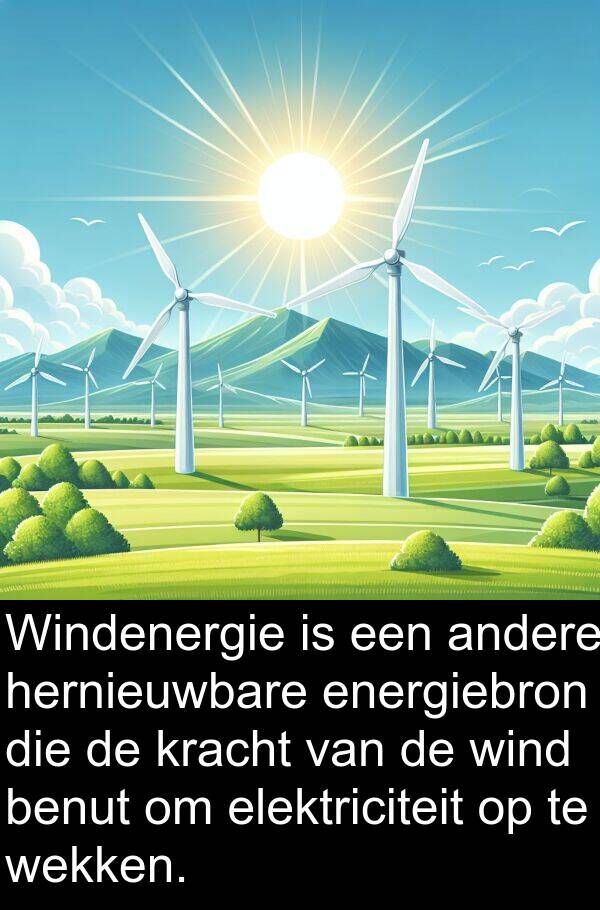 elektriciteit: Windenergie is een andere hernieuwbare energiebron die de kracht van de wind benut om elektriciteit op te wekken.