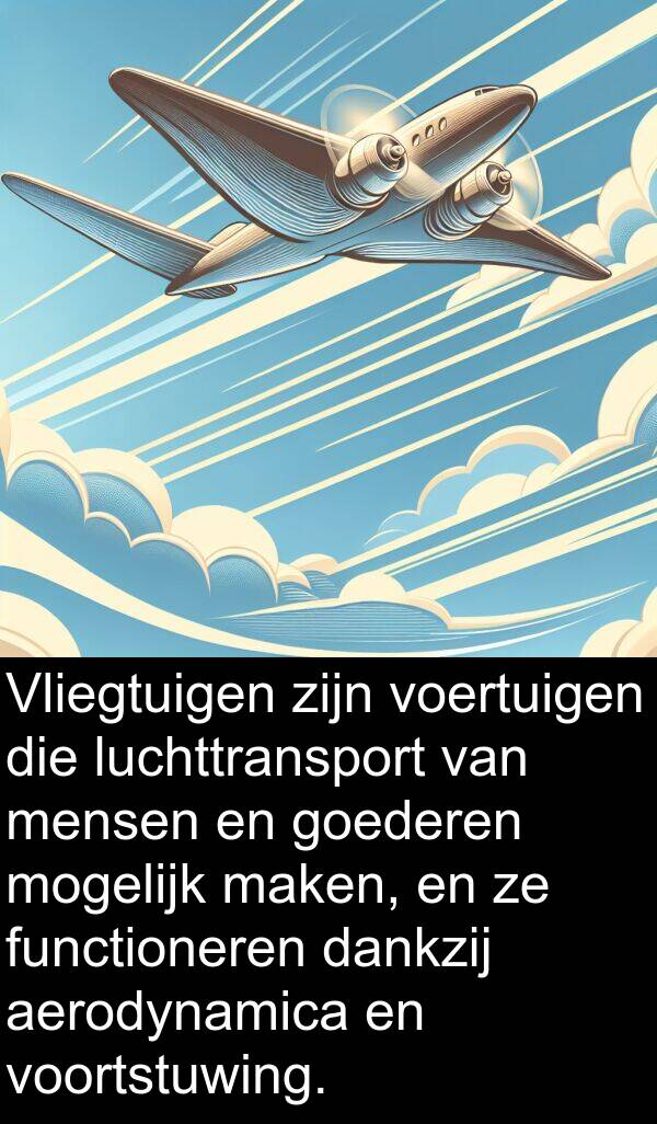 goederen: Vliegtuigen zijn voertuigen die luchttransport van mensen en goederen mogelijk maken, en ze functioneren dankzij aerodynamica en voortstuwing.