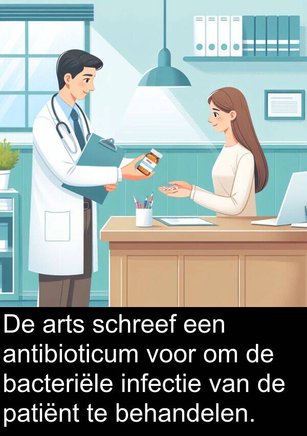 patiënt: De arts schreef een antibioticum voor om de bacteriële infectie van de patiënt te behandelen.