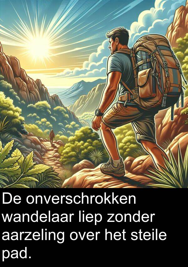pad: De onverschrokken wandelaar liep zonder aarzeling over het steile pad.