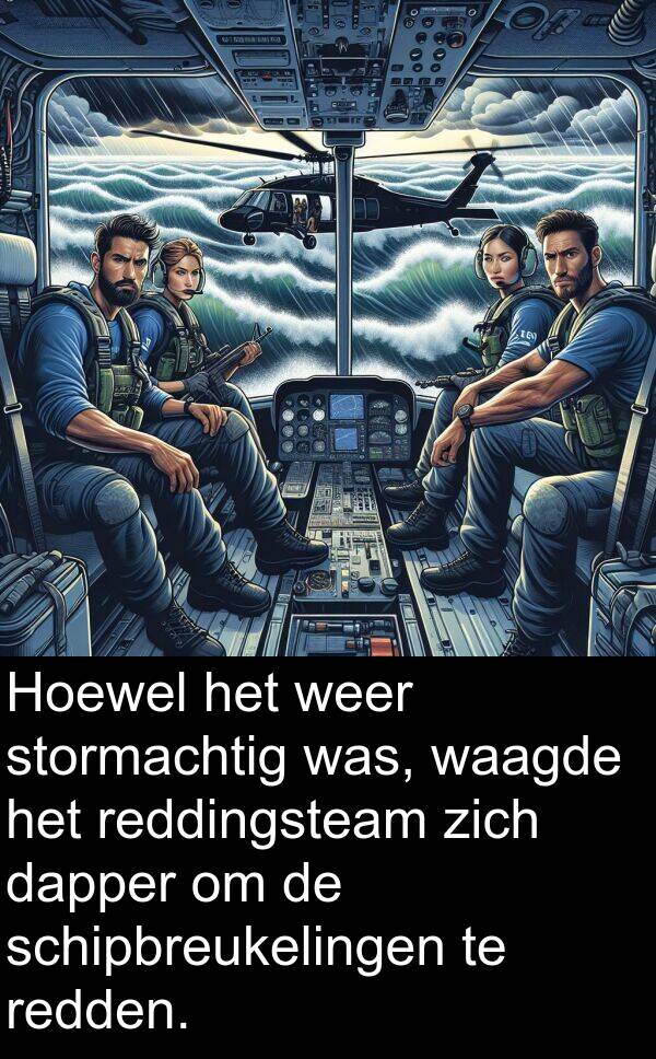 weer: Hoewel het weer stormachtig was, waagde het reddingsteam zich dapper om de schipbreukelingen te redden.