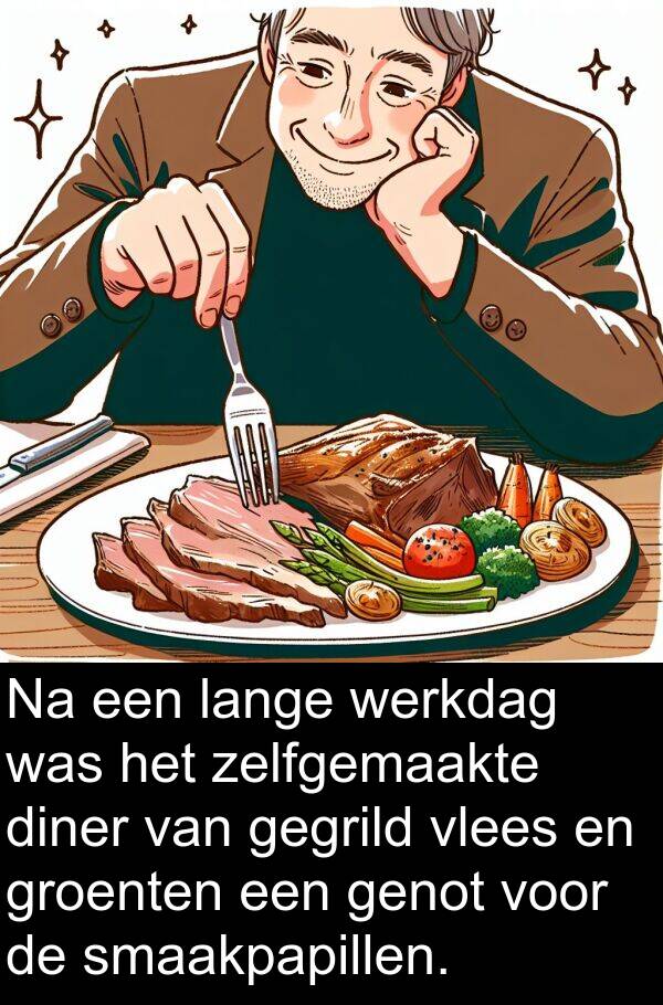 groenten: Na een lange werkdag was het zelfgemaakte diner van gegrild vlees en groenten een genot voor de smaakpapillen.