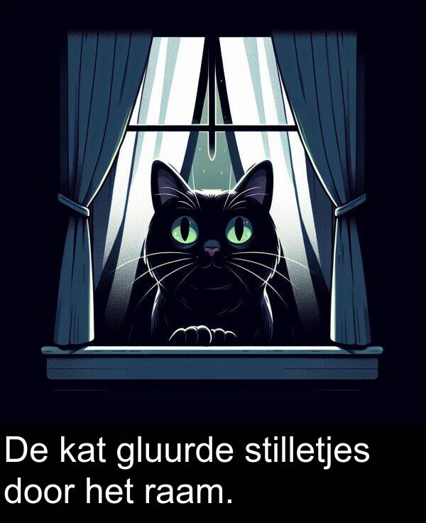 door: De kat gluurde stilletjes door het raam.