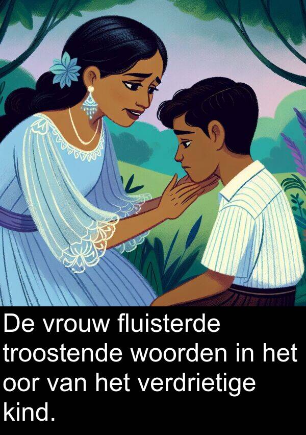 fluisterde: De vrouw fluisterde troostende woorden in het oor van het verdrietige kind.