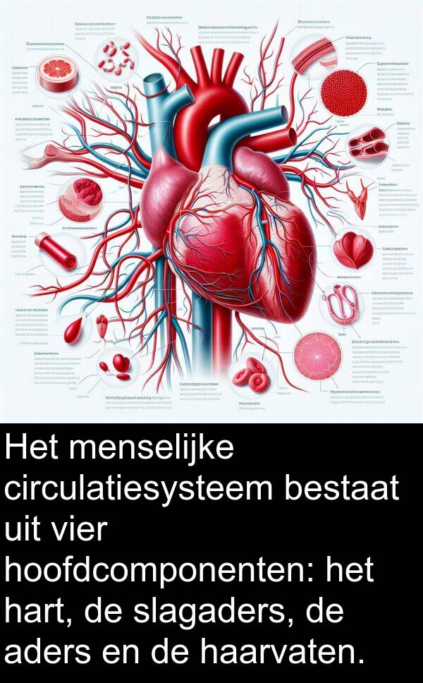 bestaat: Het menselijke circulatiesysteem bestaat uit vier hoofdcomponenten: het hart, de slagaders, de aders en de haarvaten.