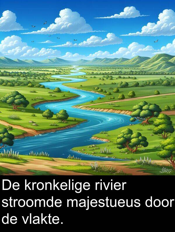 vlakte: De kronkelige rivier stroomde majestueus door de vlakte.