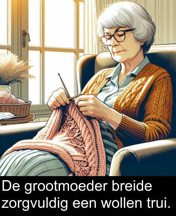 grootmoeder: De grootmoeder breide zorgvuldig een wollen trui.
