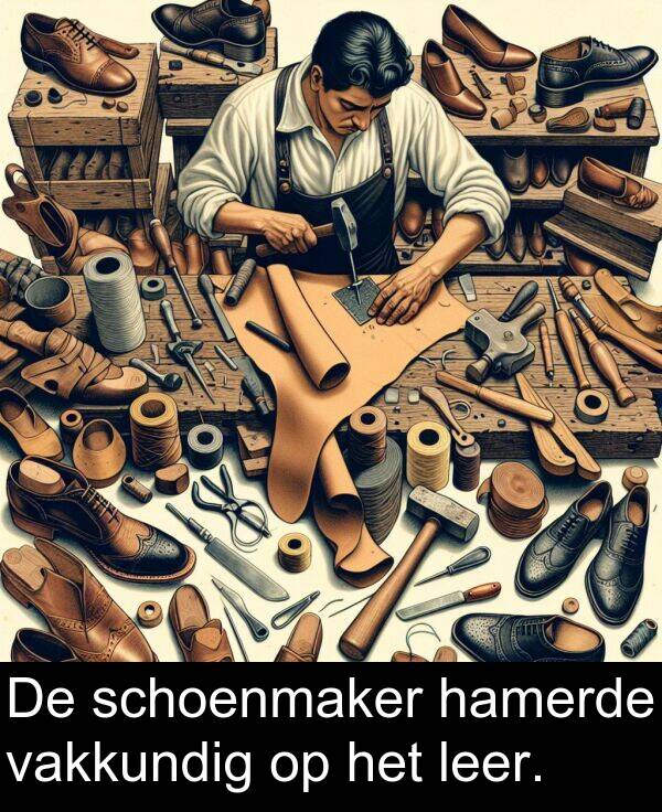 vakkundig: De schoenmaker hamerde vakkundig op het leer.