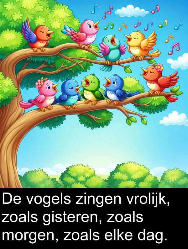 gisteren: De vogels zingen vrolijk, zoals gisteren, zoals morgen, zoals elke dag.