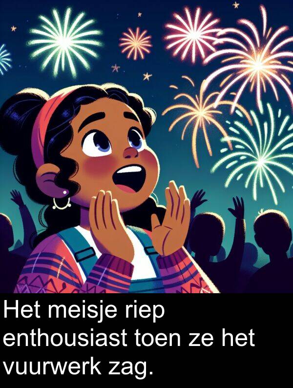 zag: Het meisje riep enthousiast toen ze het vuurwerk zag.
