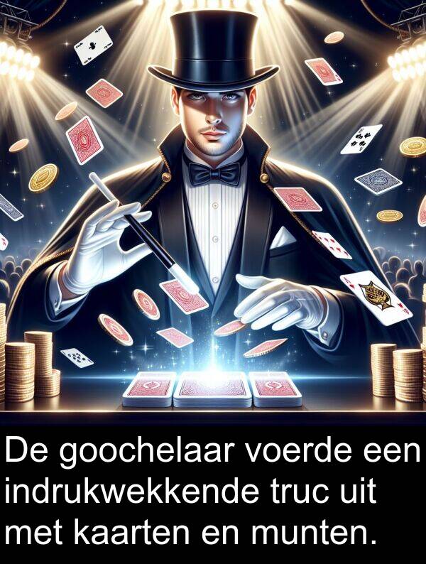 goochelaar: De goochelaar voerde een indrukwekkende truc uit met kaarten en munten.