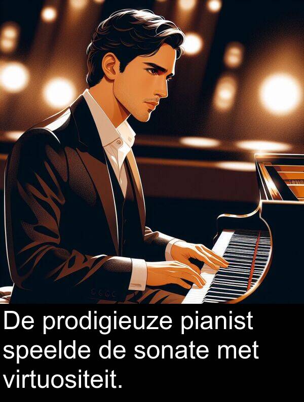 sonate: De prodigieuze pianist speelde de sonate met virtuositeit.