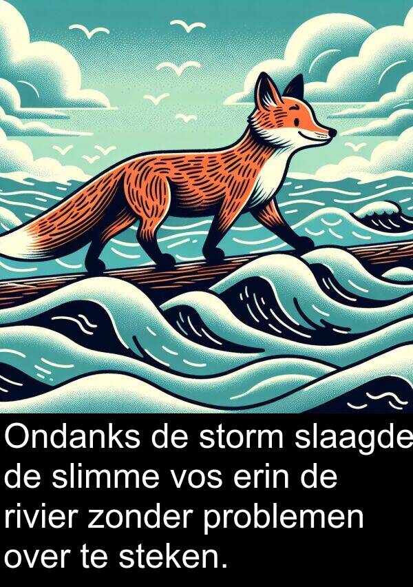 problemen: Ondanks de storm slaagde de slimme vos erin de rivier zonder problemen over te steken.