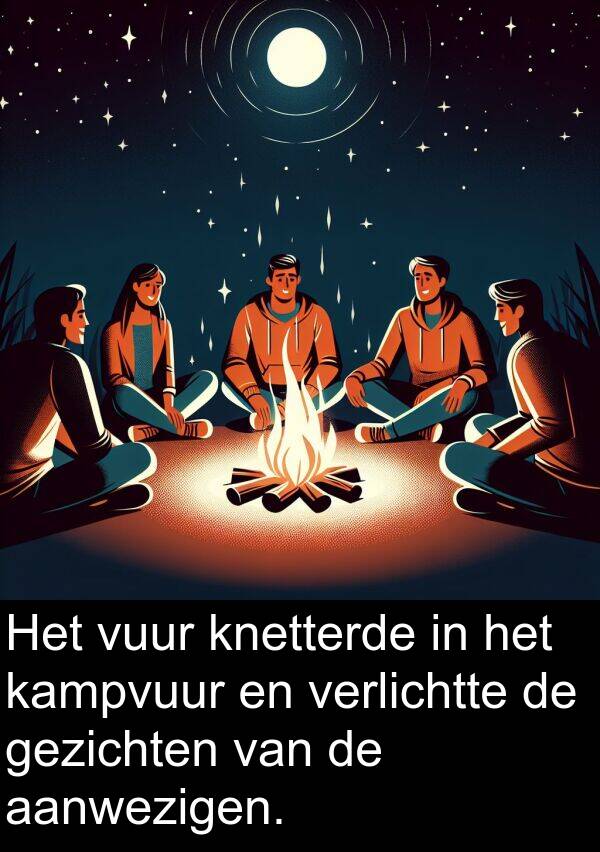 gezichten: Het vuur knetterde in het kampvuur en verlichtte de gezichten van de aanwezigen.
