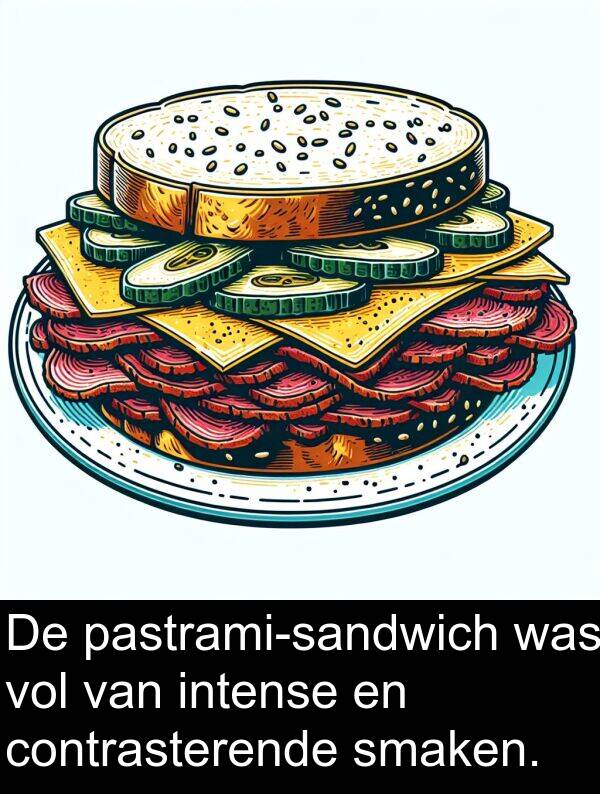 smaken: De pastrami-sandwich was vol van intense en contrasterende smaken.