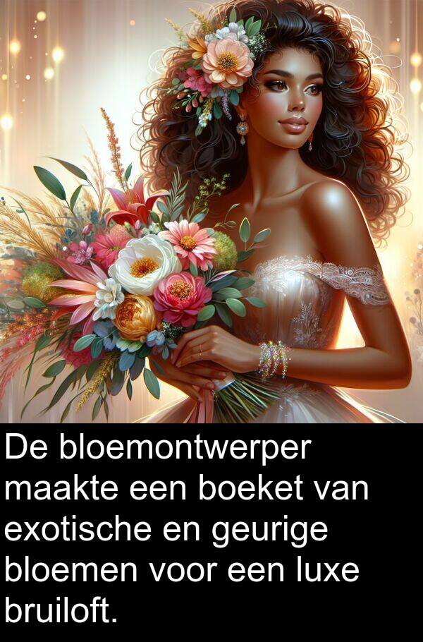 geurige: De bloemontwerper maakte een boeket van exotische en geurige bloemen voor een luxe bruiloft.