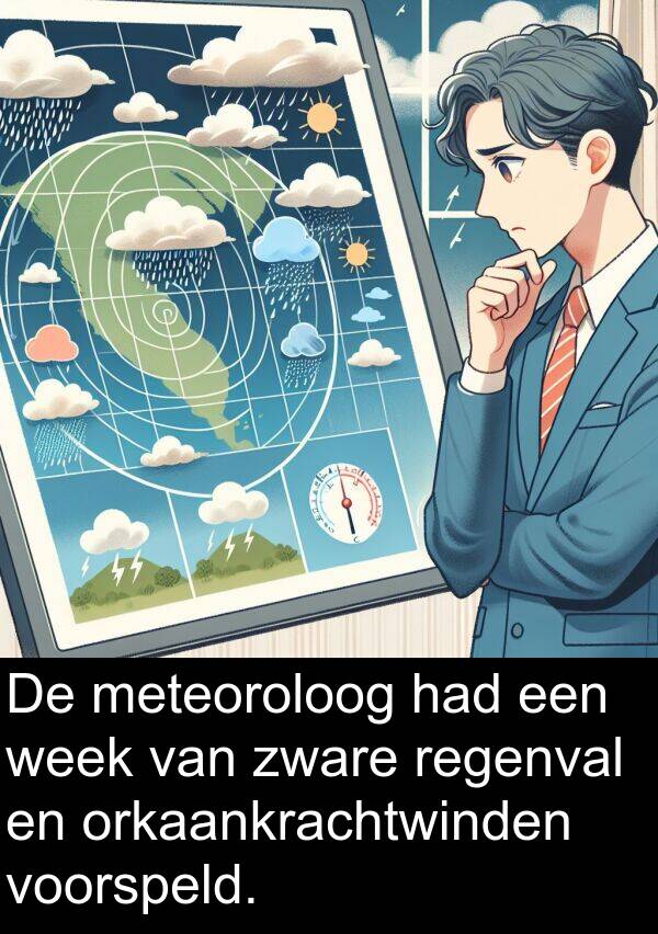 meteoroloog: De meteoroloog had een week van zware regenval en orkaankrachtwinden voorspeld.