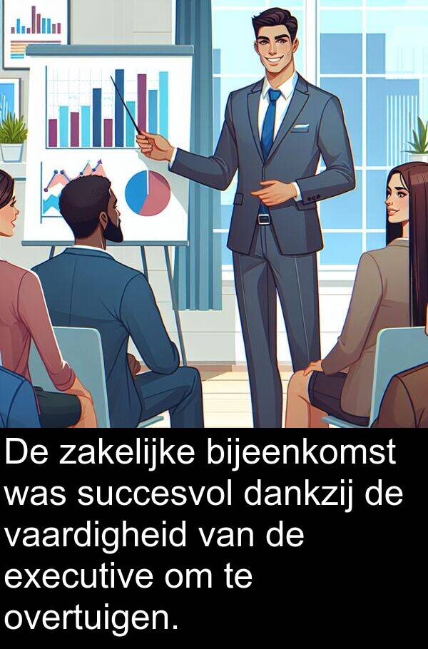 dankzij: De zakelijke bijeenkomst was succesvol dankzij de vaardigheid van de executive om te overtuigen.