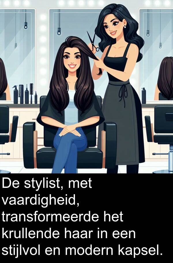 stijlvol: De stylist, met vaardigheid, transformeerde het krullende haar in een stijlvol en modern kapsel.